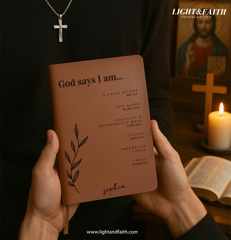 Personalized Christian Journal with God Say I Am Design, Custom Name Prayer & Faith Notebook, Religious Gift, First Communion Gifts, Birthday. NBLAF24